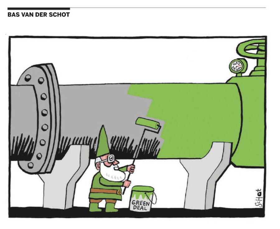 Bas van der Schot, cartoon, Volkskrant, greenwashing, Green Deal, Timmermans, EU, 2022