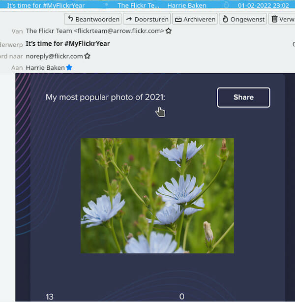 Screenshot, Flickr.com, Harrie Baken, Most popular photo in 2021, mail 2022-02-02